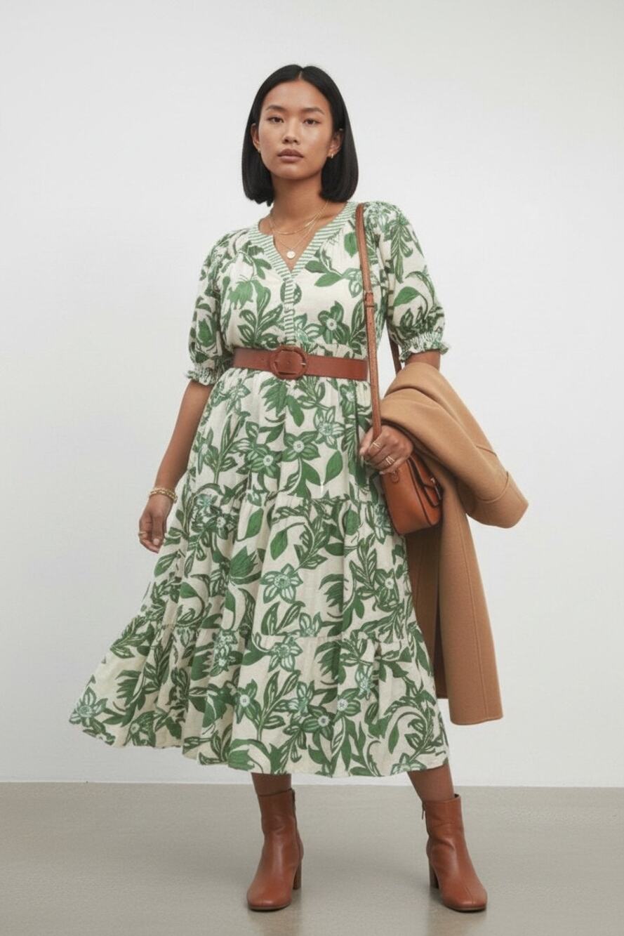 Botanical Leaf Print Tiered Midi Dress V-Neck Lined Green Cream Boho L - Picture 1 of 6
